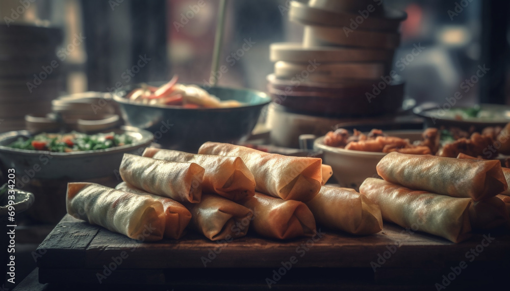 Freshness and flavor in a homemade Chinese pork spring roll generated by AI