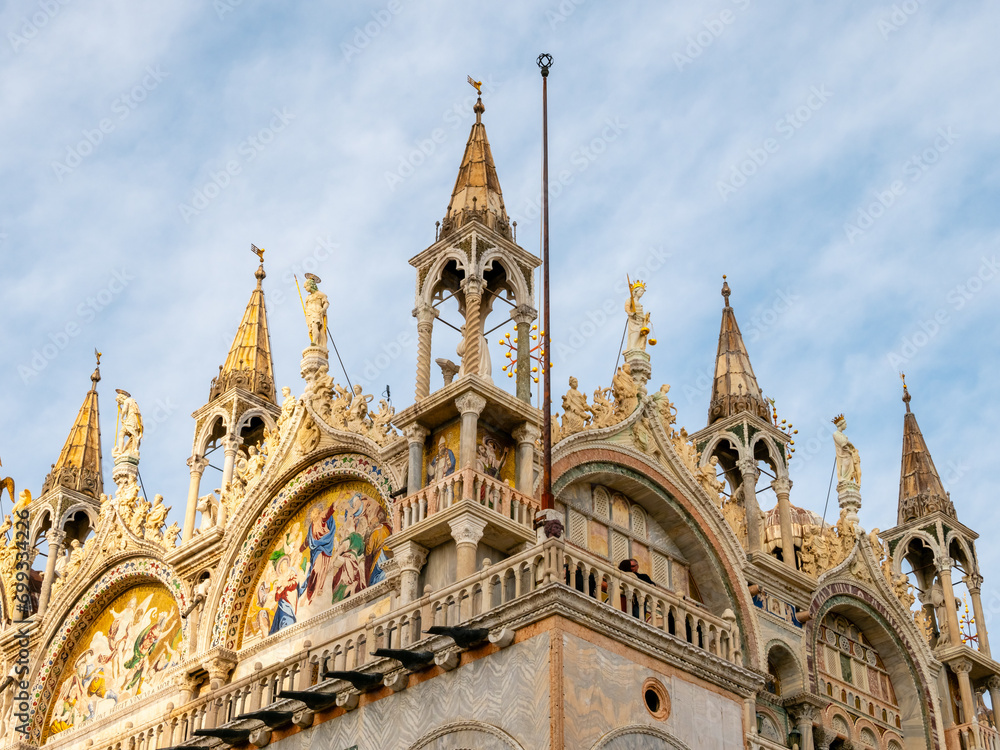 Details of Basilica di San Marco and on piazza San Marco in Venice, Italy. Architecture and landmark of Venice.