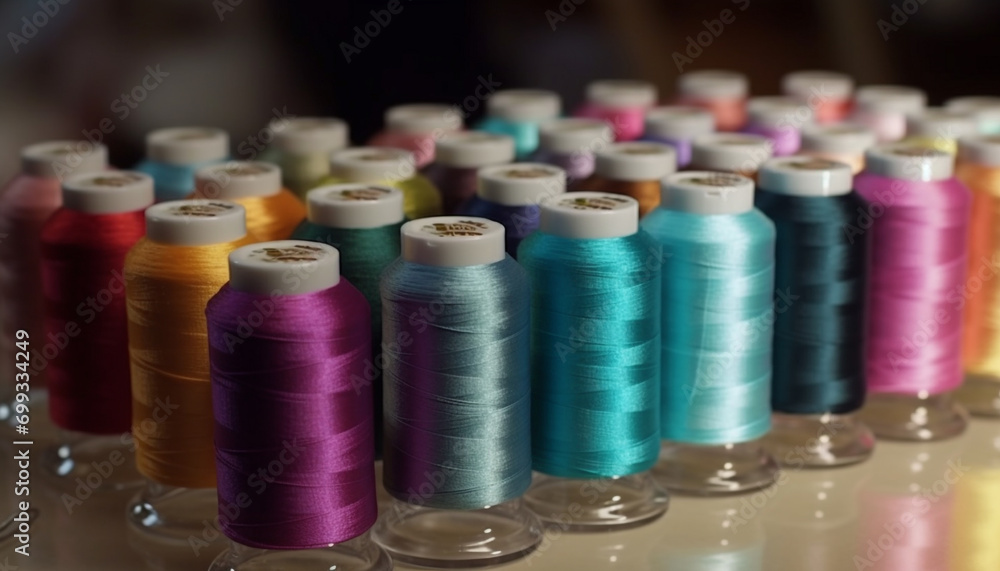 Multi colored spools of thread arranged in a vibrant rainbow pattern generated by AI Multi colored spools of thread arranged in a vibrant rainbow pattern generated by AI