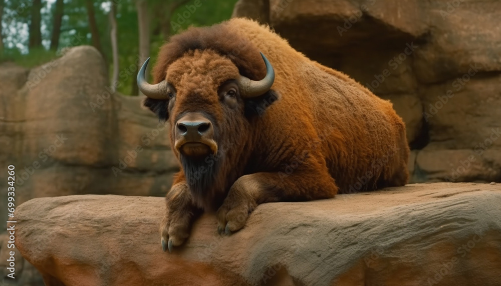 Fototapeta premium Large horned mammal grazing in the African wilderness, exuding strength generated by AI