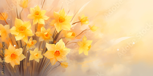 Spring background with yellow daffodils, copy space