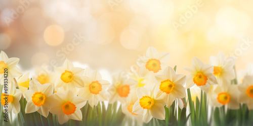 Spring background with white daffodils, copy space