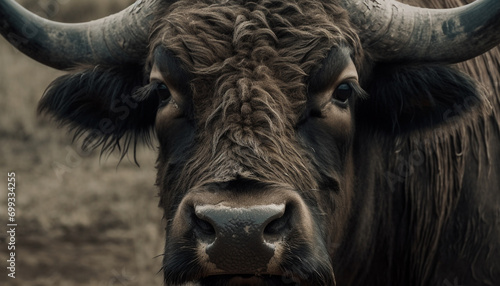 Cattle grazing on grass, close up portrait of cute cow generated by AI