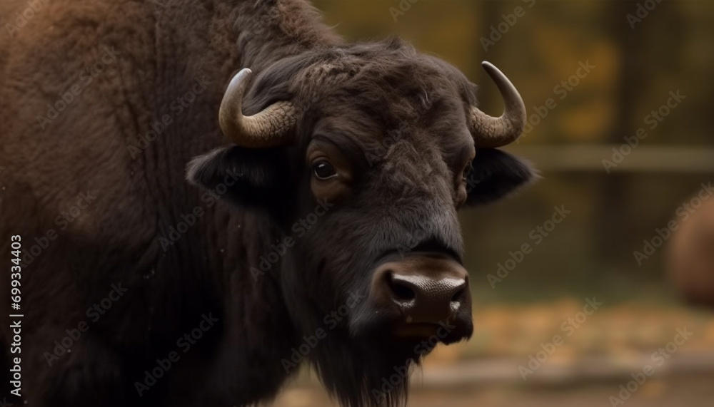 Close up portrait of a majestic African buffalo grazing in the wild generated by AI Close up portrait of a majestic African buffalo grazing in the wild generated by AI