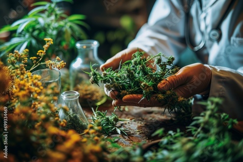 A scientist in a laboratory coat and gloves holds a fresh hemp inflorescence in his hands, researching the quality of the plant in agriculture. Concept: medical marijuana, legalization and prohibition photo