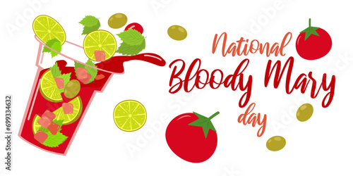 Bloody Mary Cocktail Party banner layout template. Drink with vegetables. Menu design. Consept holiday. Vector illustration.