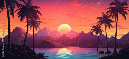 Tropical paradise landscape with sunset and palm trees. Vacation and travel. Banner.