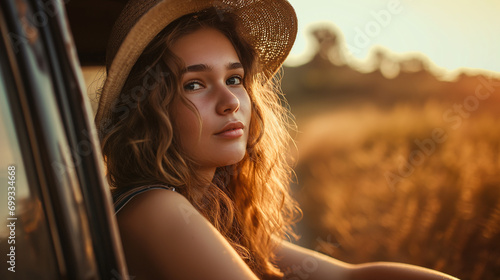 Young woman wearing overalls and a straw hat, leans out of a car window during golden hour