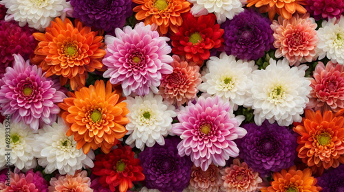 Flowers wall background with amazing red, orange, pink, purple and white flowers ,Wedding decoration, Chrysanthemums in amazing red orange pink purple green and white on a wall background © AnonƳϻouຮシ
