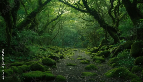 Mysterious forest  dark and wet  a tranquil scene of beauty generated by AI