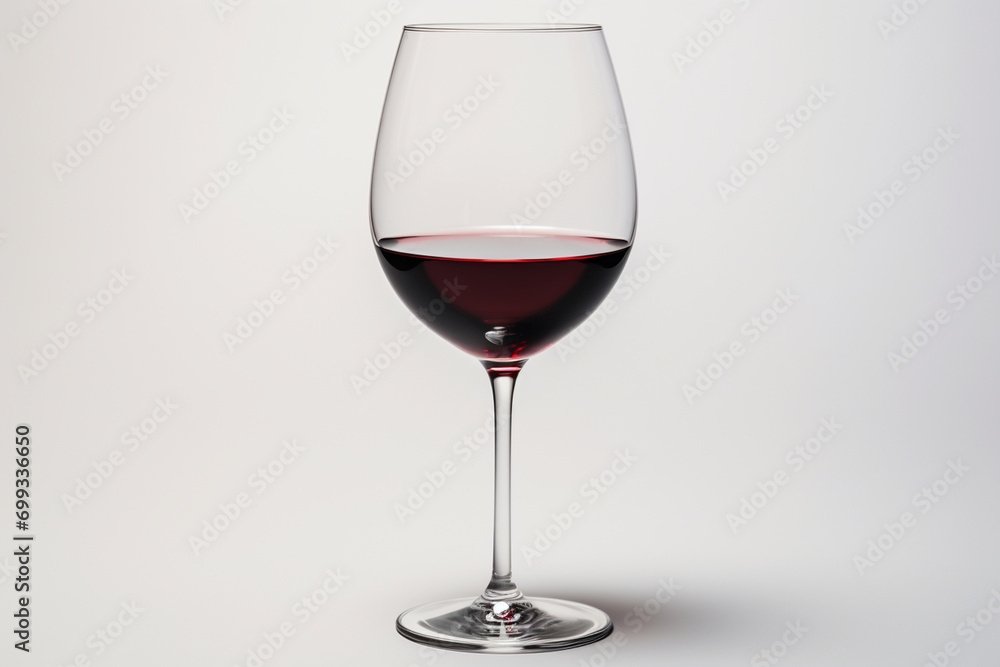 A single elegant wine glass filled with red wine, set against a white backdrop, offering a refined and easily cut-out image for use in beverage and celebration visuals. A single elegant wine glass filled with red wine, set against a white backdrop, offering a refined and easily cut-out image for use in beverage and celebration visuals.