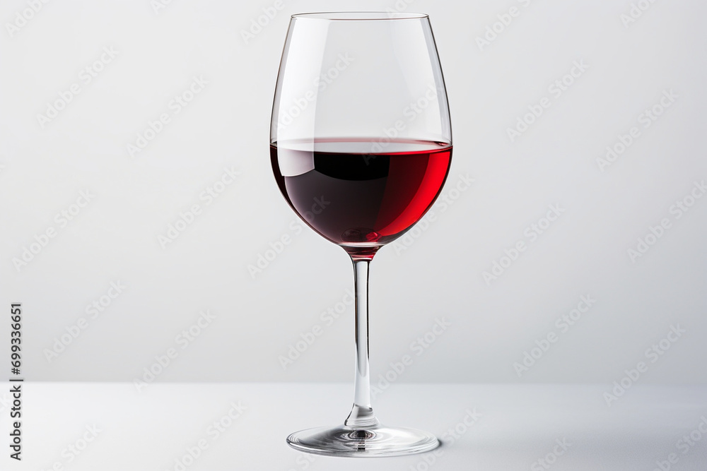 A single elegant wine glass filled with red wine, set against a white backdrop, offering a refined and easily cut-out image for use in beverage and celebration visuals. A single elegant wine glass filled with red wine, set against a white backdrop, offering a refined and easily cut-out image for use in beverage and celebration visuals.