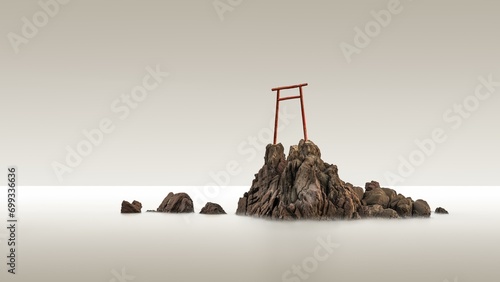 Minimalist long exposure of an old, simple wooden torii on the Pacific coast of Japan photo