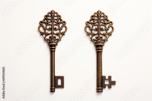 A vintage key with an ornate design, positioned on a white surface, creating a timeless and easily extracted image suitable for concepts related to access and security.