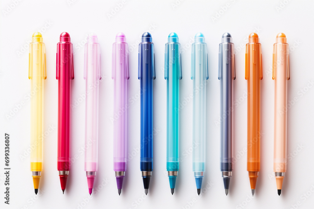 A set of colorful gel pens in various shades, arranged on a white surface, creating a vibrant and easily extracted image for use in writing, stationery, or creative designs. - obrazy, fototapety, plakaty 