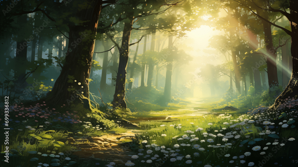 Enchanted Spring Morning: Gentle Stream Through a Blooming Forest, Generative AI illustration