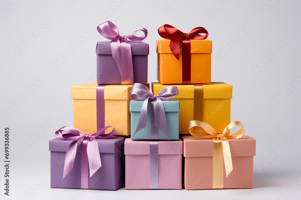 A stack of colorful gift boxes with festive ribbons, arranged on a white surface, creating a cheerful and easily extracted image for use in celebration, gift-giving, or holiday-the A stack of colorful gift boxes with festive ribbons, arranged on a white surface, creating a cheerful and easily extracted image for use in celebration, gift-giving, or holiday-the