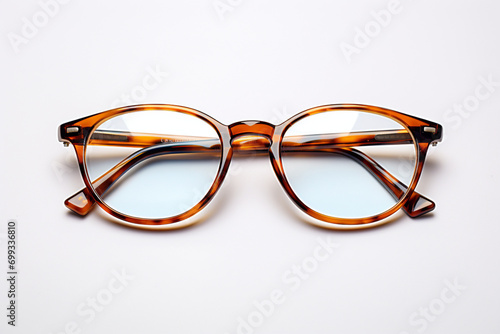 A pair of reading glasses with a stylish frame, placed on a white surface, creating a sophisticated and easily cut-out image for use in literary and intellectual visuals.