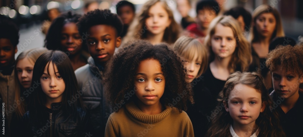 Diverse group of children standing together with urban background. Unity and diversity. Banner. Diverse group of children standing together with urban background. Unity and diversity. Banner.