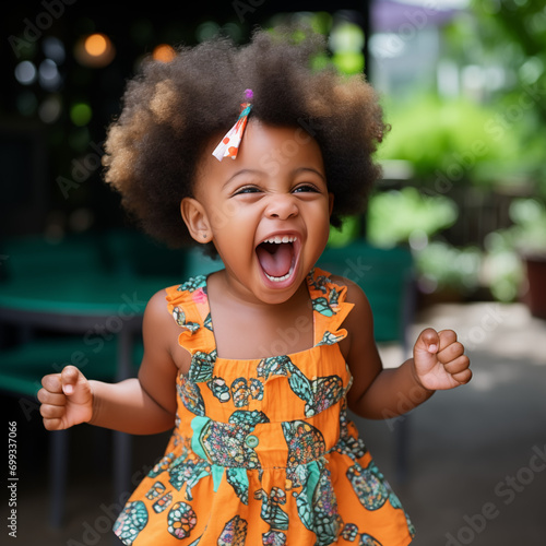 Petite Fille metisse africaine Heureuse en Robe à Imprimé  photo