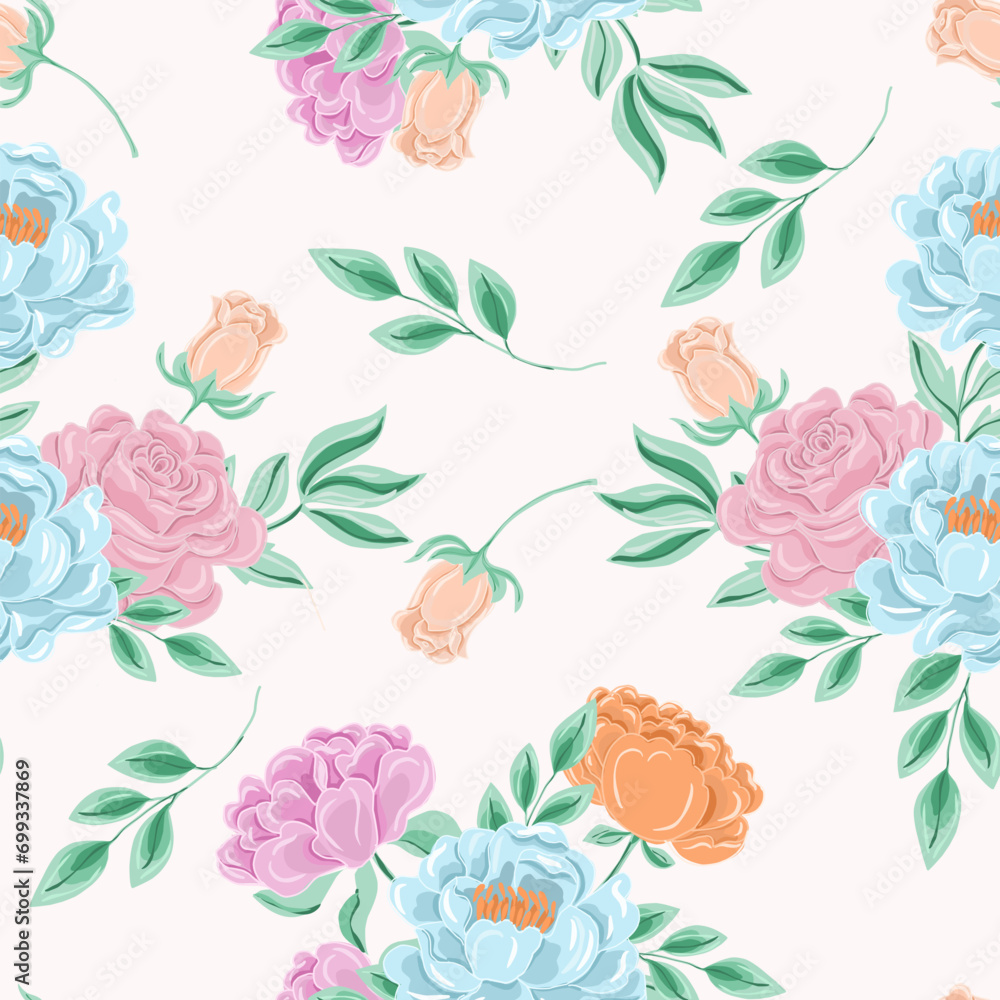Hand Drawn Peony and Rose Flower Seamless Pattern