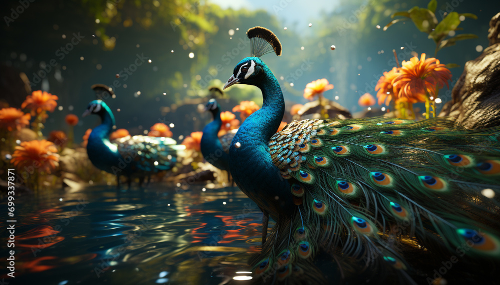 Majestic peacock dances in vibrant nature, displaying elegance and beauty generated by AI - obrazy, fototapety, plakaty 