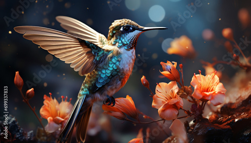 Hummingbird perching on branch, vibrant colors in nature generated by AI