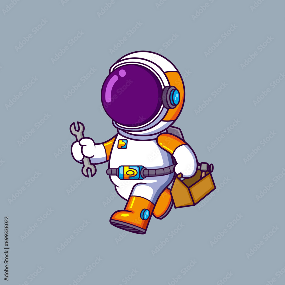 Cute Astronaut holding spanner and tool box. Science Technology Icon Concept