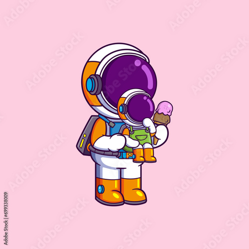 Astronaut play with astronaut child holding ice cream. Science holiday Icon Concept
