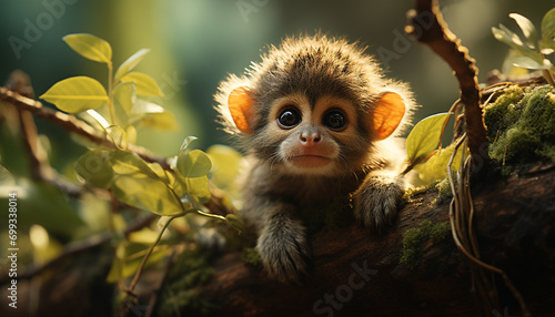 Cute small monkey sitting on branch, looking at camera generated by AI photo