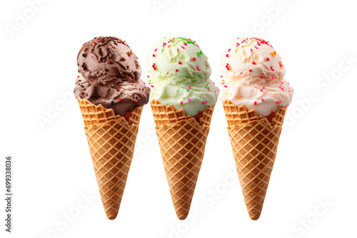 ice cream cones isolated on white, pistachio strawberry and chocolate 