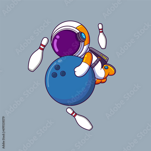 Cute Astronaut hugging big bowling ball. Science Technology Icon Concept