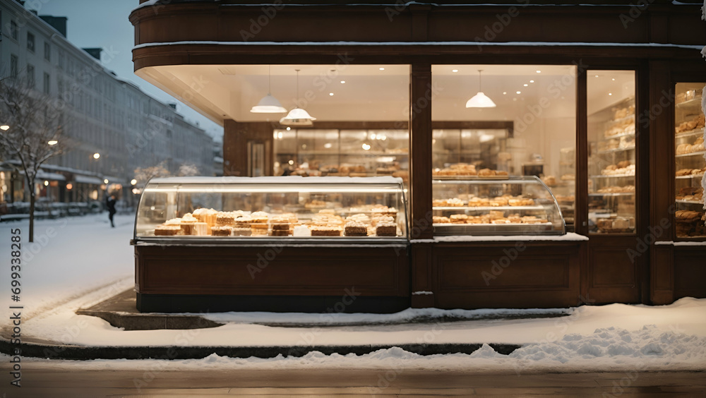 modern pastry shop on a snowy street modern pastry shop on a snowy street