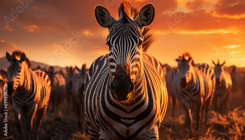 Zebra herd grazing on African savannah at sunset generated by AI