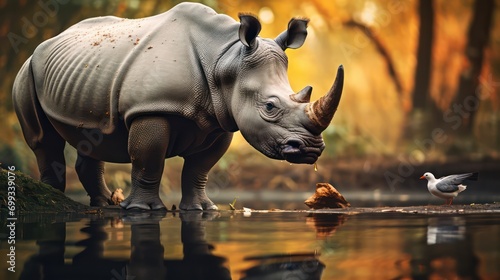 A rhinoceros standing by a river  with bird in the background and reflections on the water