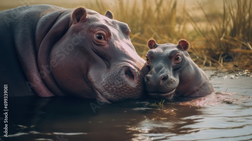 A scene showing a larger hippo gently nudging a smaller one