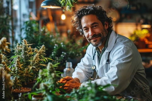 A male botanist in laboratory clothes and a cap takes care of a large cannabis inflorescence, examination and plant selection in a controlled environment. Concept: hemp or marijuana, study and legaliz