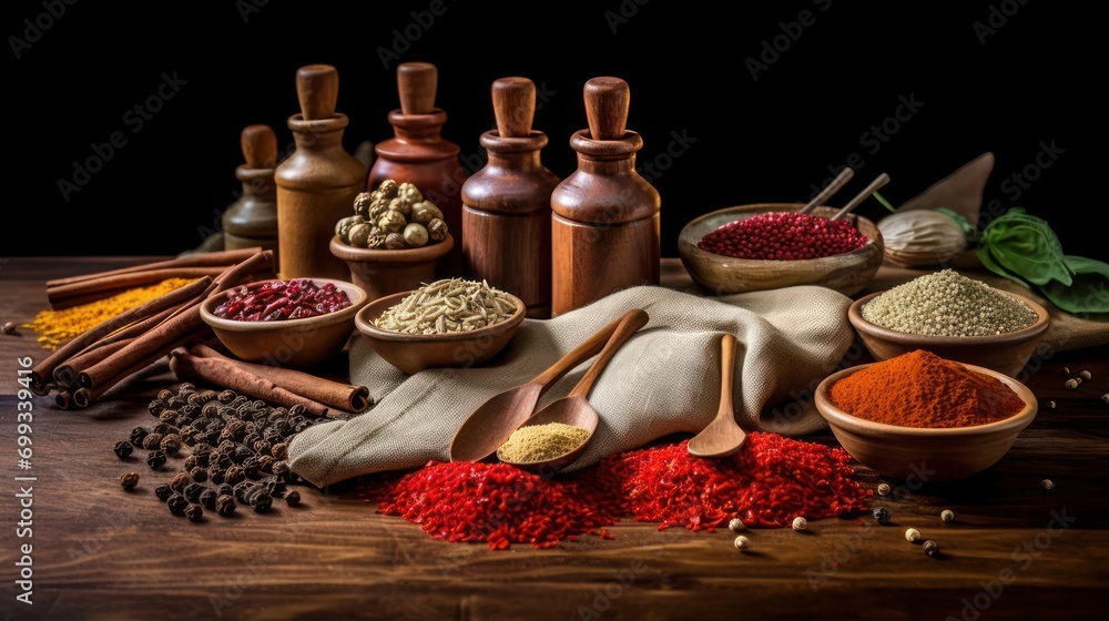 Natural traditional kitchen spices herbs are arranged on burlap