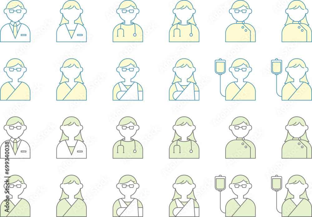 Fototapeta premium 医者 患者 人物 アイコン イラスト セット 白衣 ドクター 聴診器 手術着 看護師 骨折