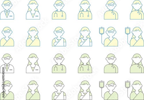 医者　患者　人物　アイコン　イラスト　セット　白衣　ドクター　聴診器　手術着　看護師　骨折