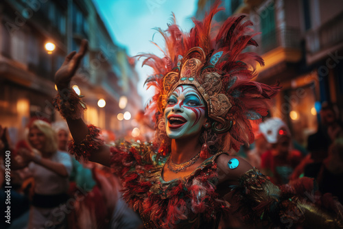 Artist in costume on the Portuguese carnival parade on the evening street of the old town