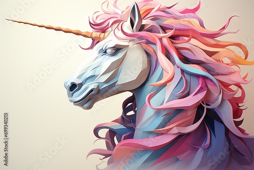 Unicorn head with multicolor mane in pastel colors, stylized and modern icon illustration on a light background 