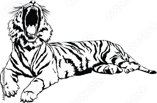 Cartoon Black and White Isolated Illustration Vector Of A Tiger Laying Down Yawning