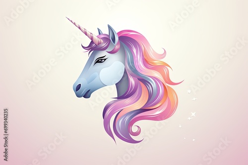 Unicorn head with multicolor mane in pastel colors  stylized and modern icon illustration on a light background 