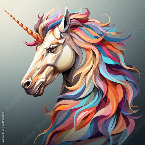 Unicorn head with multicolor mane in pastel colors, stylized and modern icon illustration on a light background 