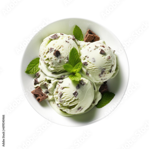 A Bowl of Mint Chocolate Chip ice Cream Isolated on a Transparent Background