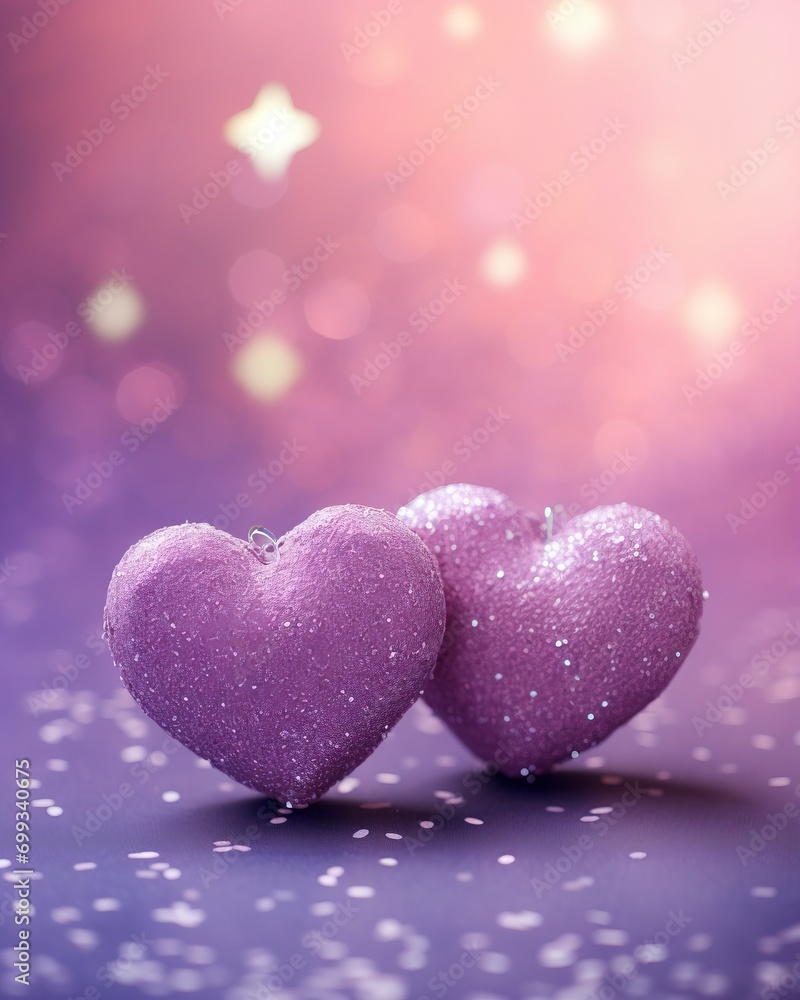 Two Soft Pink Hearts With Lace On Purple Glitter Background With Sparkles, copy space - generative ai