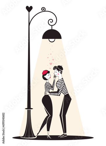 Retro hand drawn people characters, flirting mime couple under the lantern libht. Valentine's Day characters in style of 60's-70's. 