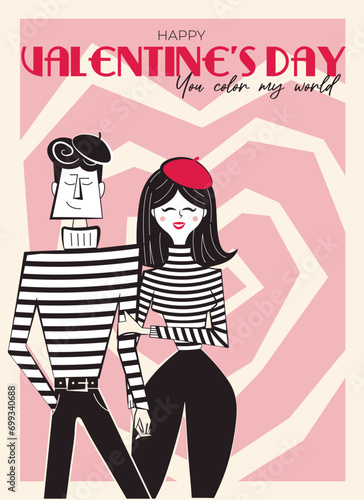 Valentine's Day retro greeting card, poster in style of 60s - 70s. Hand drawn Valentine's day people characters. Isolated vector illustration of flirting mime couple. 