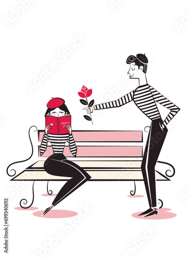 Retro hand drawn people characters, flirting mime couple. Valentine's Day characters in style of 60's-70's. 